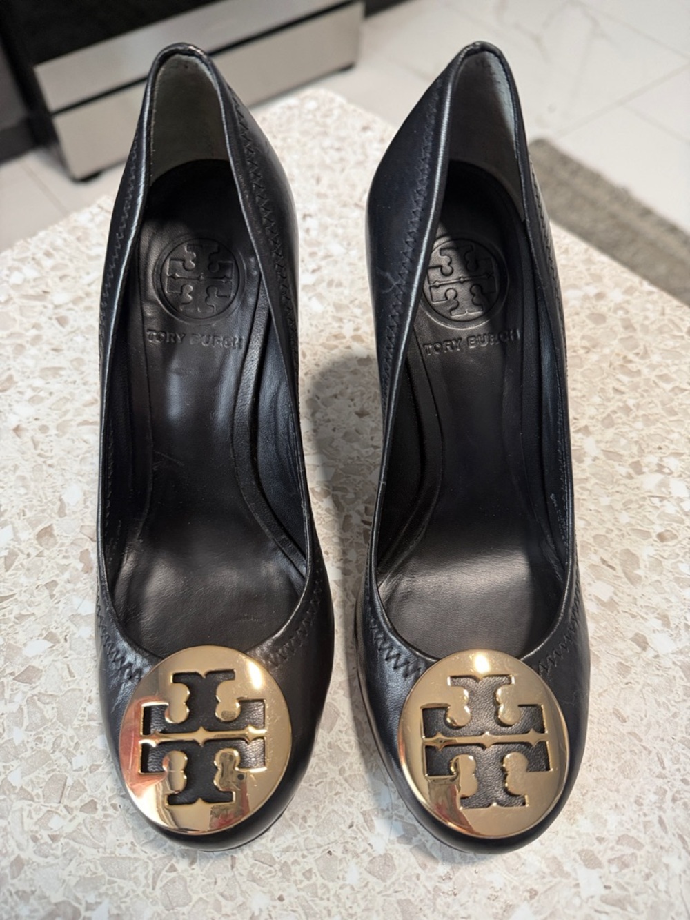 Tory Burch Black Leather Pumps with Gold Logo Medallions